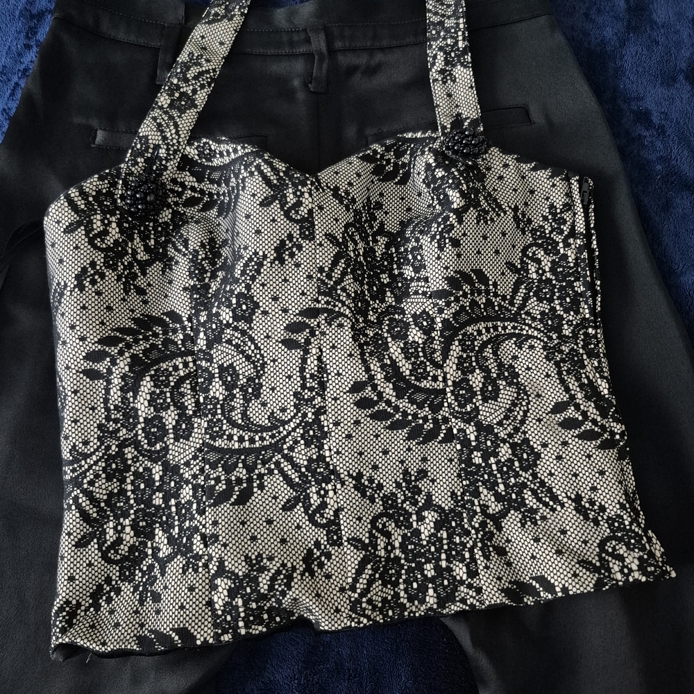 Bebe Black and Cream Lace Detail Top